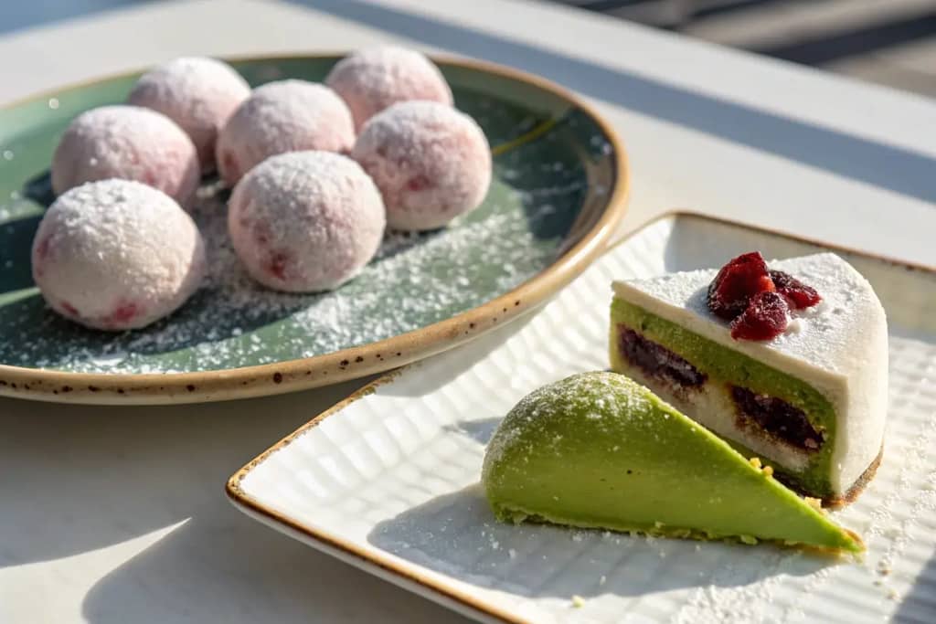  Comparing traditional wagashi on one side and Western-inspired Japanese pastries on the other, highlighting Japan’s dual dessert identity.