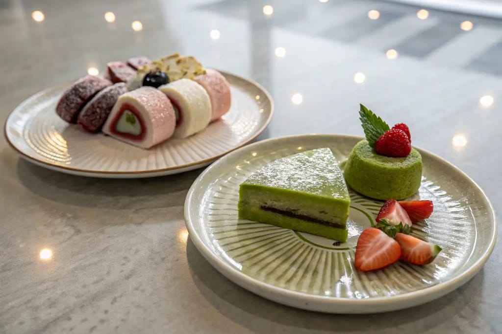  A visual comparison between wagashi (traditional) and yōgashi (Western-influenced) desserts, both essential to Japan’s sweet scene.