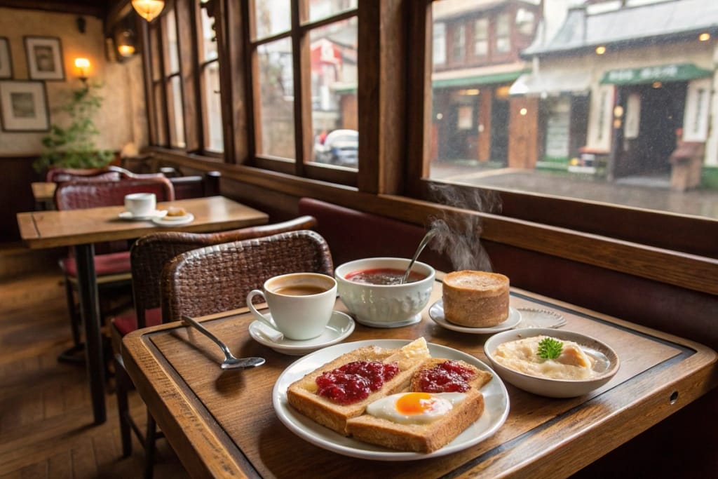 A Western-style Japanese breakfast set in a café, blending toast, coffee, and a bowl of miso soup