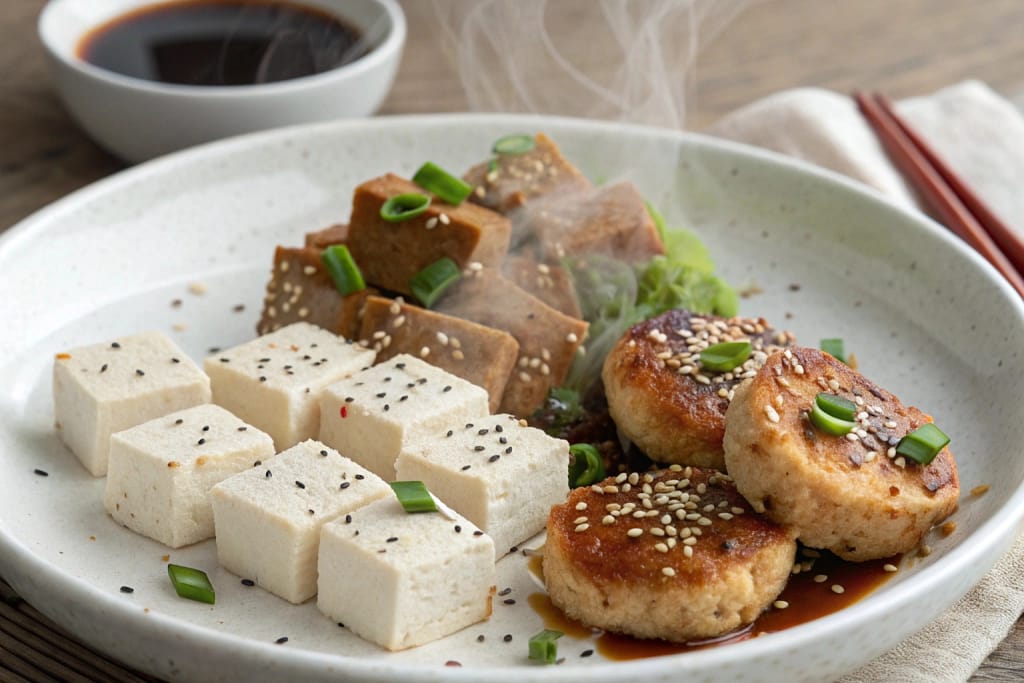 Assorted white staples—soft tofu, fishcake, and mochi—arranged together, embodying the gentle color and warmth of Japanese comfort foods.