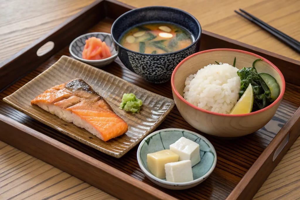  A balanced spread of Japanese dishes emphasizing fish, vegetables, and moderate serving sizes for optimal health.