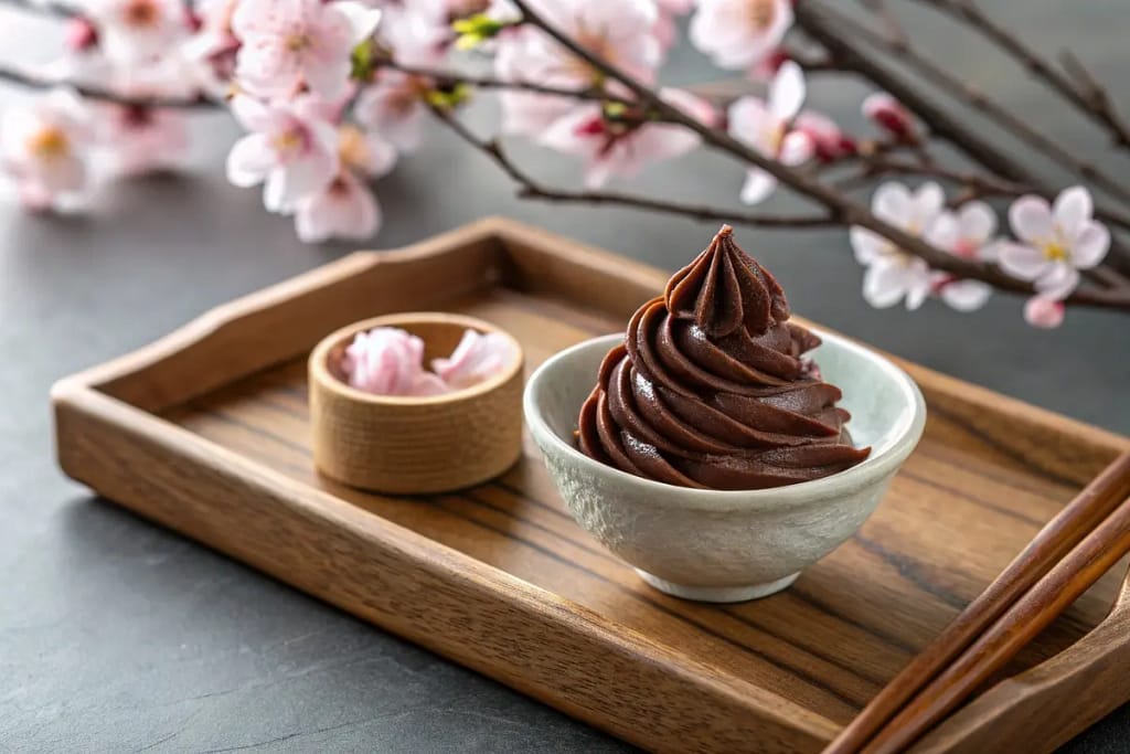  A final serving of azuki red bean ice cream garnished with a swirl of bean paste, exuding refined Japanese charm.