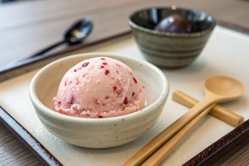  A creamy scoop of azuki red bean ice cream garnished with bean bits in a Japanese ceramic bowl.