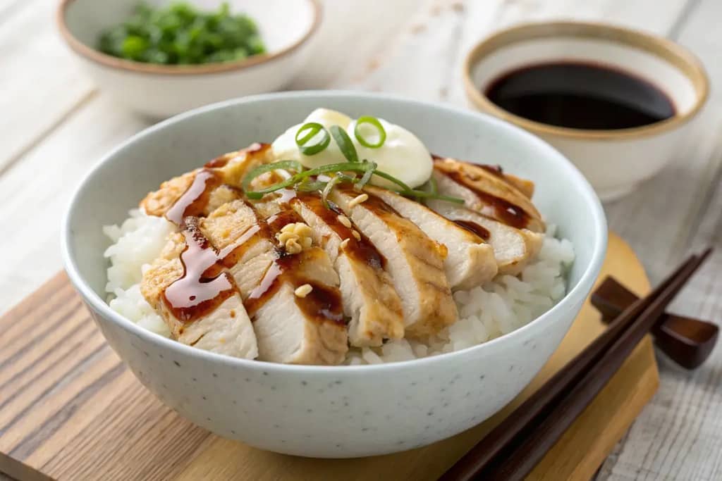  Bowl of tangy chicken nanban on steamed rice, showcasing the sauce, garnishes, and creamy topping.