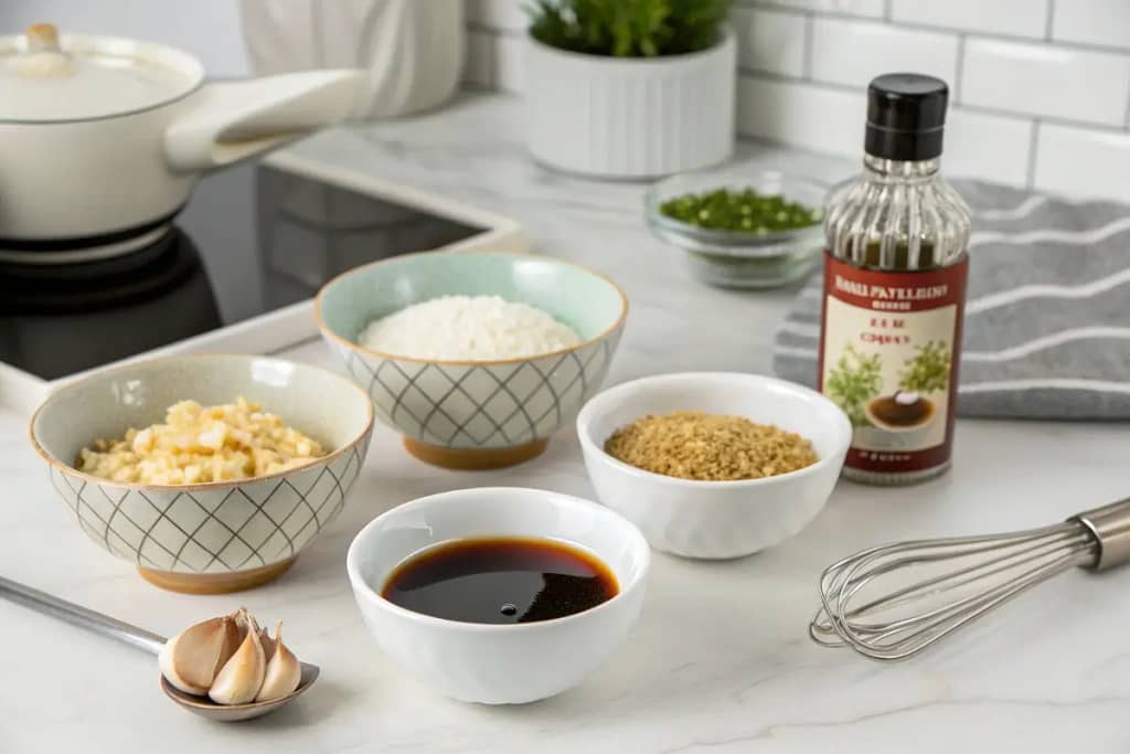 Nanban sauce ingredients laid out in bowls, showcasing soy sauce, vinegar, sugar, garlic, and spices.