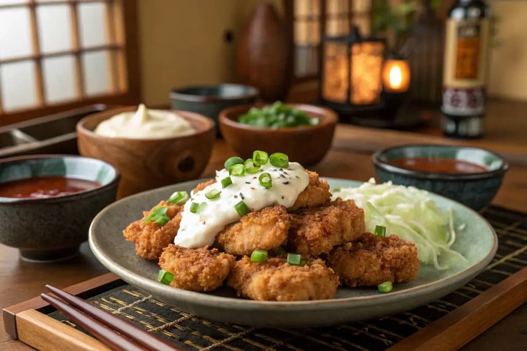  Crispy chicken nanban pieces topped with creamy tartar sauce, served in a homey Japanese setting.