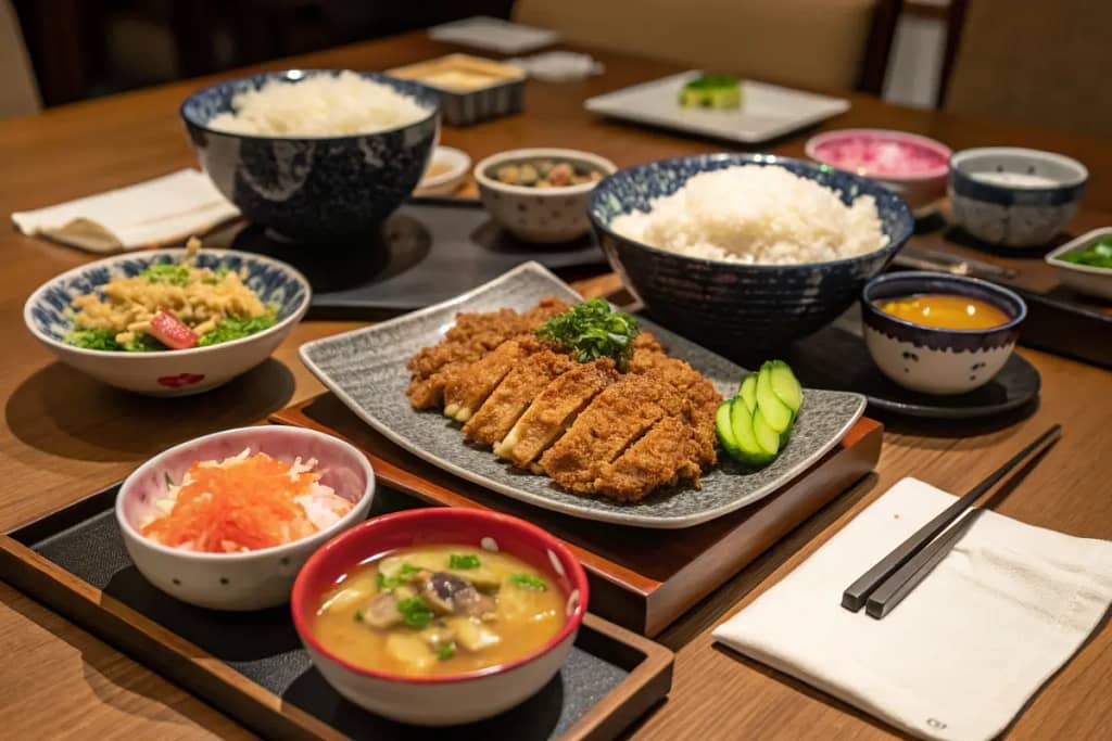  Family-style table arrangement featuring a platter of chicken nanban with rice, soup, and side dishes.