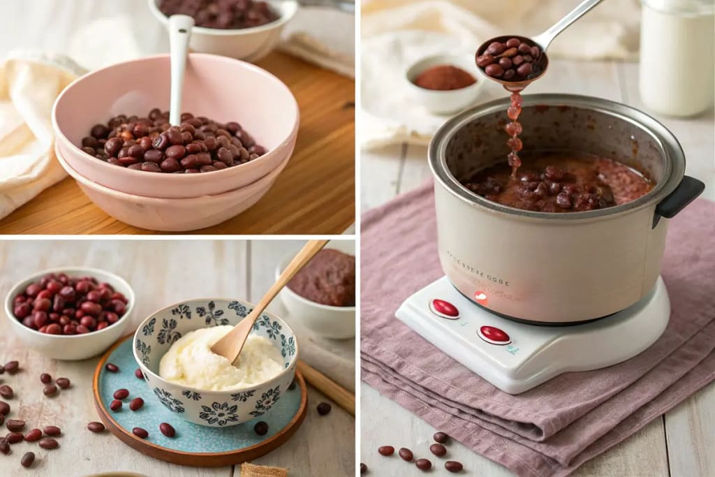  A collage demonstrating each step of creating azuki red bean ice cream, from soaking beans to churning the final mixture.