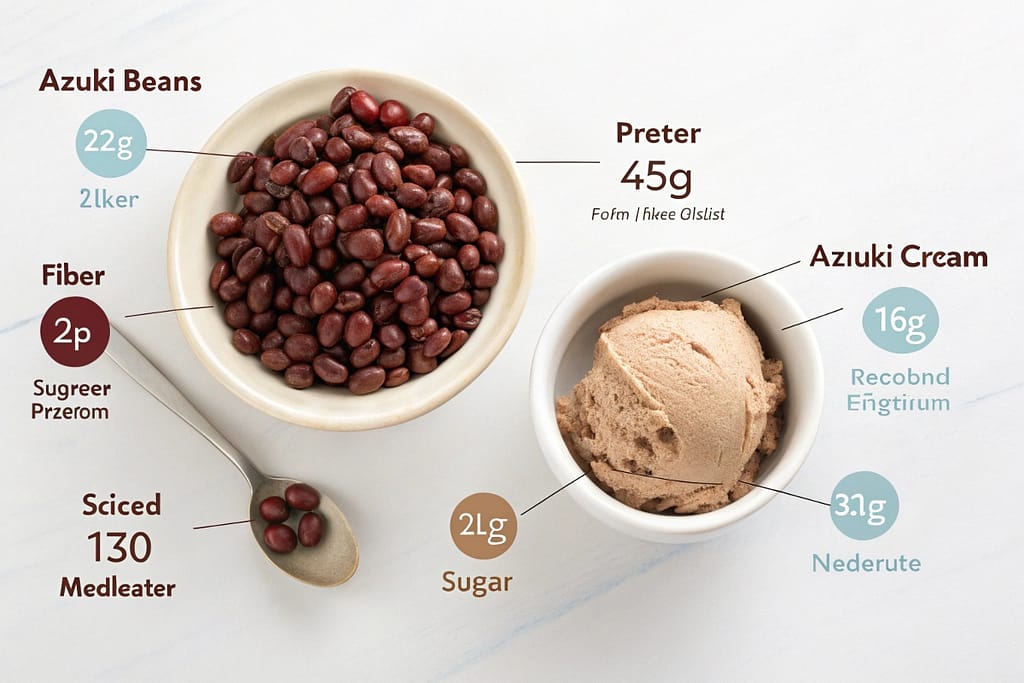  A simplified nutritional chart contrasting the fiber and protein in azuki beans versus the sweetness in azuki red bean ice cream.