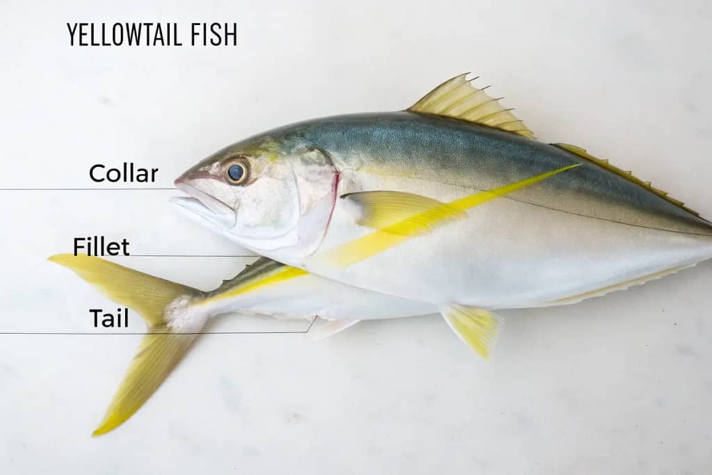  Diagram of a yellowtail with the collar (kama) highlighted near the fish’s gill plates.