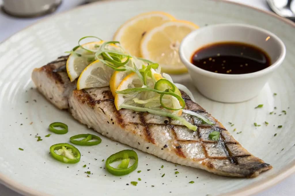  Beautifully plated grilled hamachi collar with lemon slices and green onions, ready for a luxurious Japanese meal.