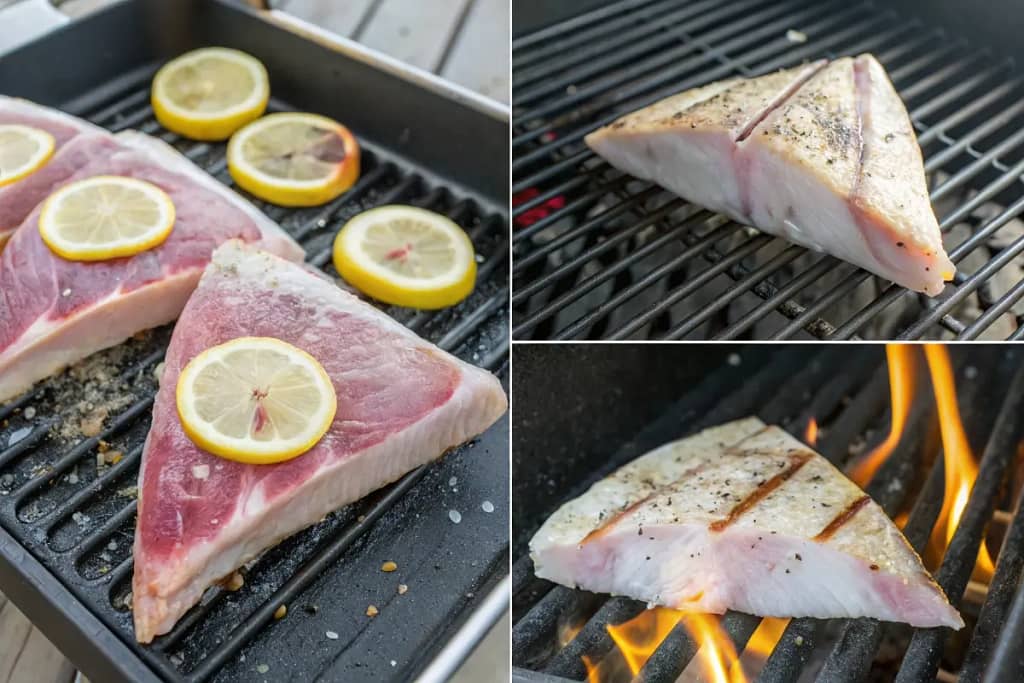  Collage showing the grill-to-plate journey of hamachi collar, from raw and seasoned to a crispy final product.