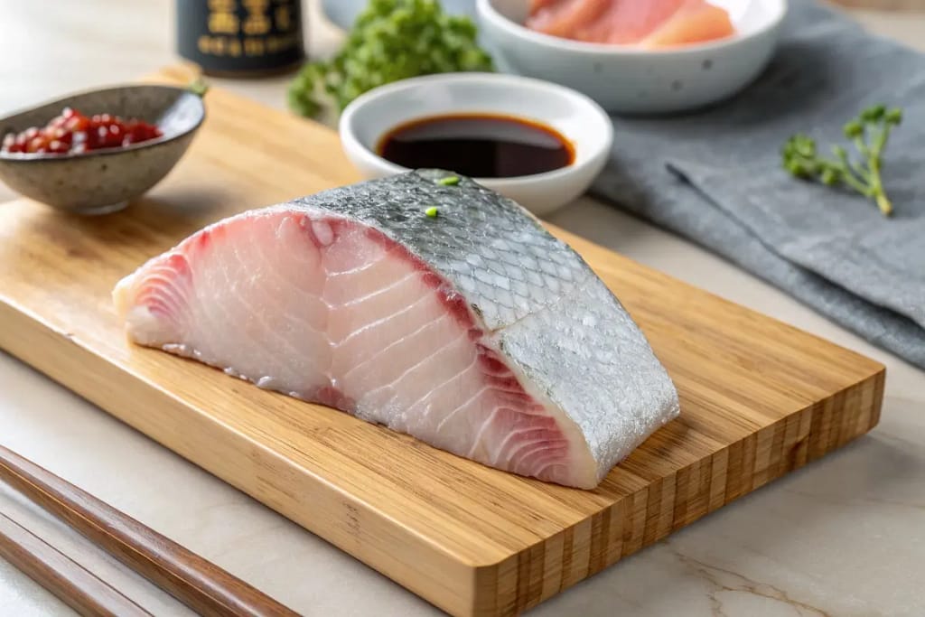  Close-up shot of a fresh hamachi collar on a cutting board, highlighting its marbled texture and thin skin.