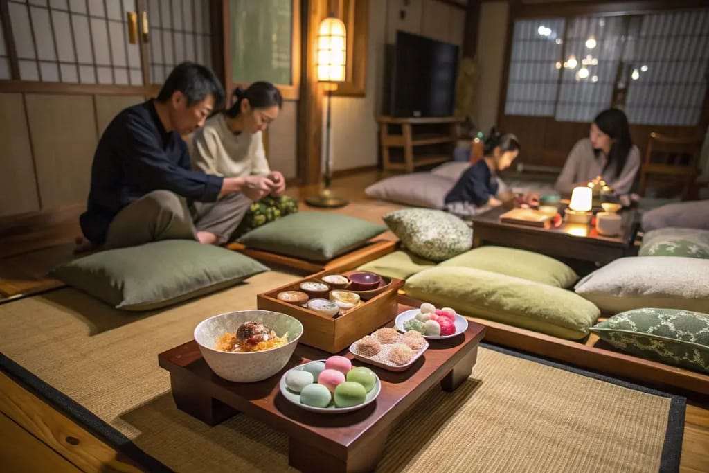 A family enjoying an assortment of Japanese desserts in a cozy, inviting home setting.