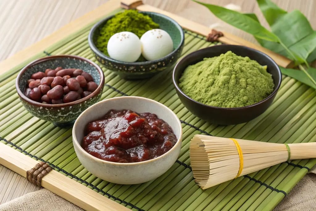 Artful arrangement of essential ingredients for Japanese desserts on a bamboo mat.