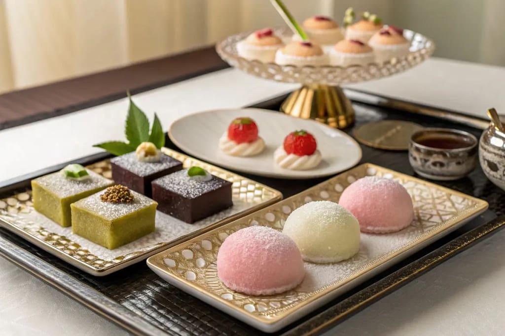 Elegant final presentation of assorted Japanese desserts on a refined tray, evoking tradition and sophistication.