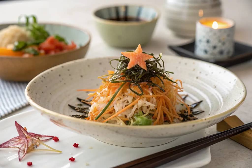 Elegant final presentation of a dish featuring shredded nori as a sophisticated garnish, capturing its vibrant and refined appeal.