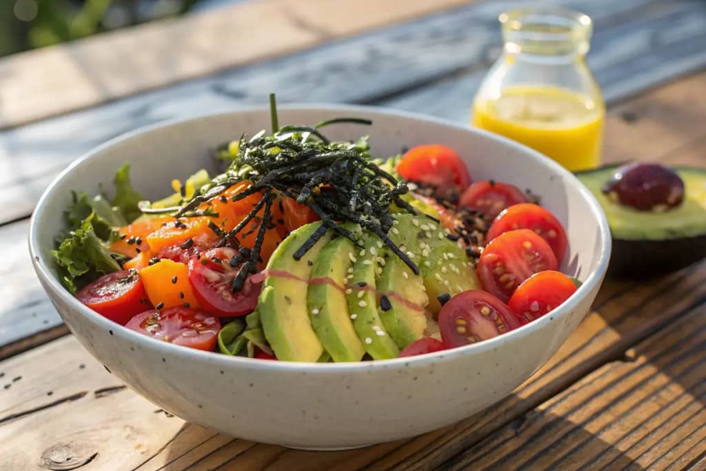 Healthy salad featuring shredded nori to boost flavor and nutrition, presented in a vibrant, fresh setting.