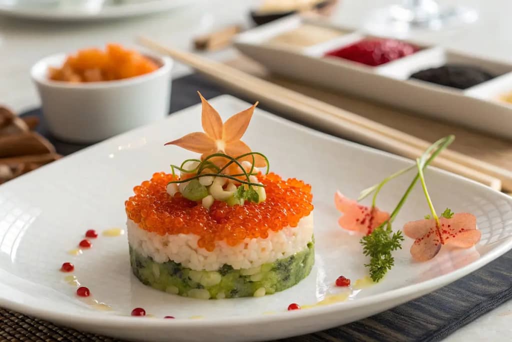  Elegant final presentation of a dish featuring tobiko, capturing its vibrant color and refined appeal.