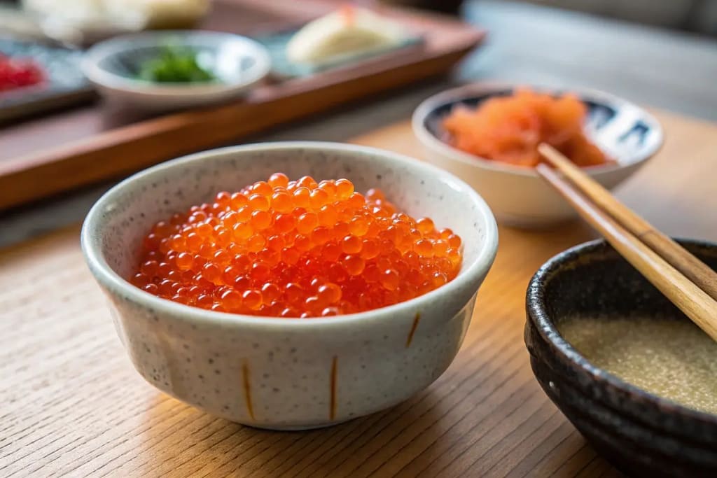 Close-up of vibrant tobiko showcasing its texture and color.