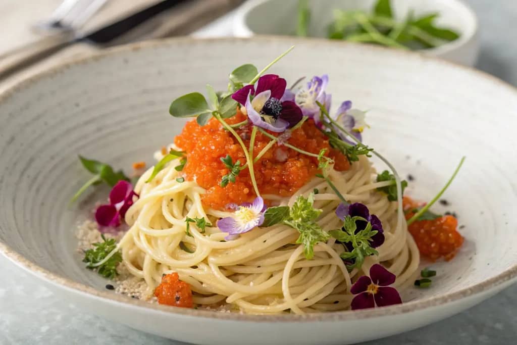 Modern fusion dish with tobiko accentuating the plate’s vibrant flavors and elegant presentation.