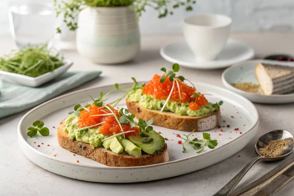 Elegant presentation of a tobiko-topped avocado toast with microgreens.
