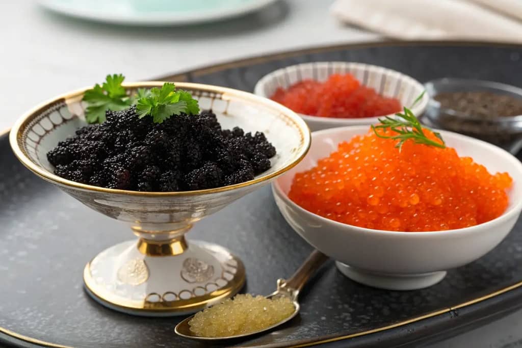  Side-by-side comparison of tobiko and caviar highlighting differences in texture and presentation.