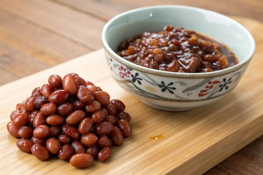 A side-by-side view of dried azuki beans and their cooked, sweetened counterparts.