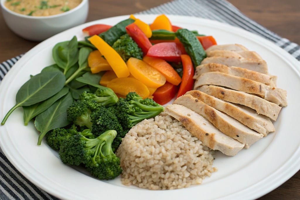 Healthy ingredients for Japanese curry, including lean chicken, fresh vegetables, and brown rice, arranged on a balanced plate