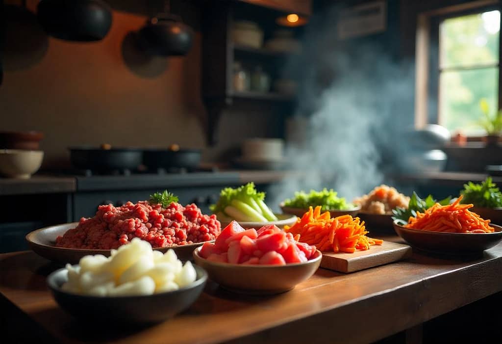 Traditional Japanese kitchen setup for minced beef recipes