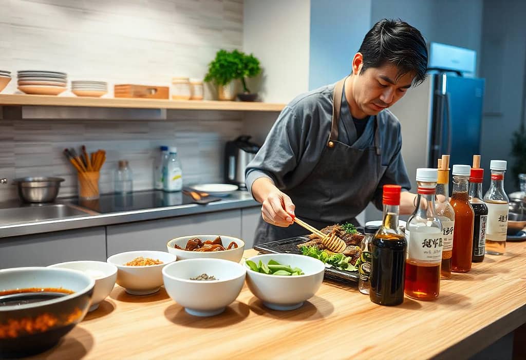 Vue d'ensemble d'une cuisine japonaise moderne avec ingrédients pour sauce barbecue.