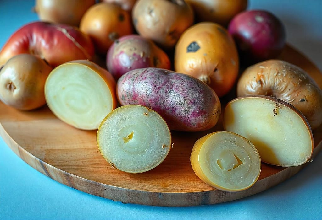 Different varieties of Japanese sweet potatoes (Satsumaimo, Murasaki Imo, Beni Haruka) arranged on a wooden cutting board.