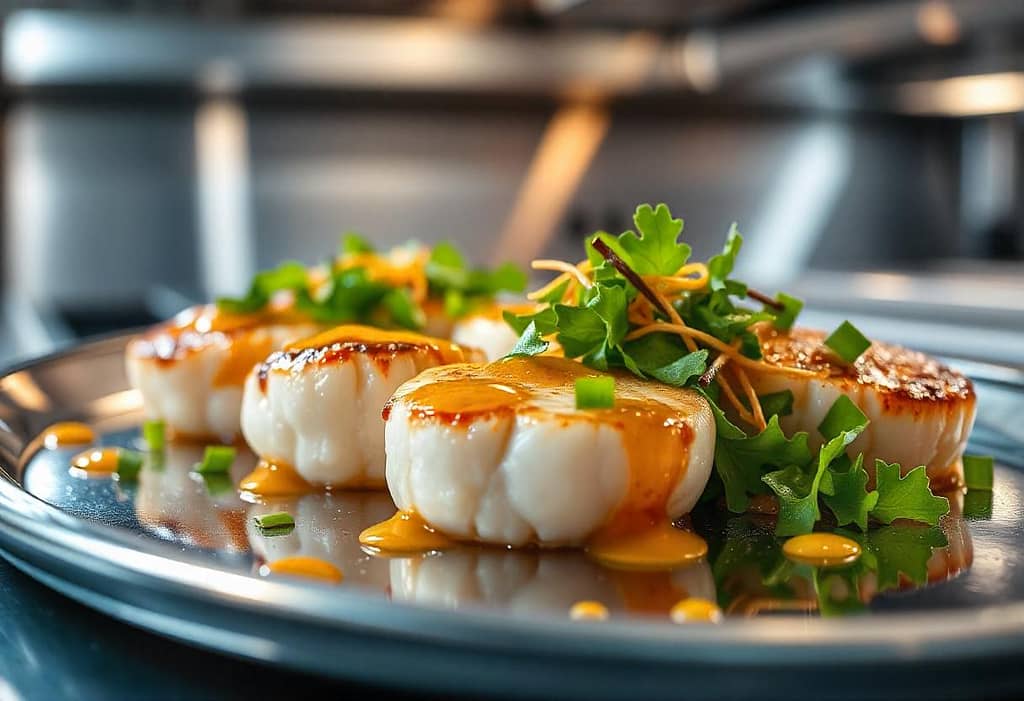 Fresh scallops displayed on a platter, showcasing their quality and freshness