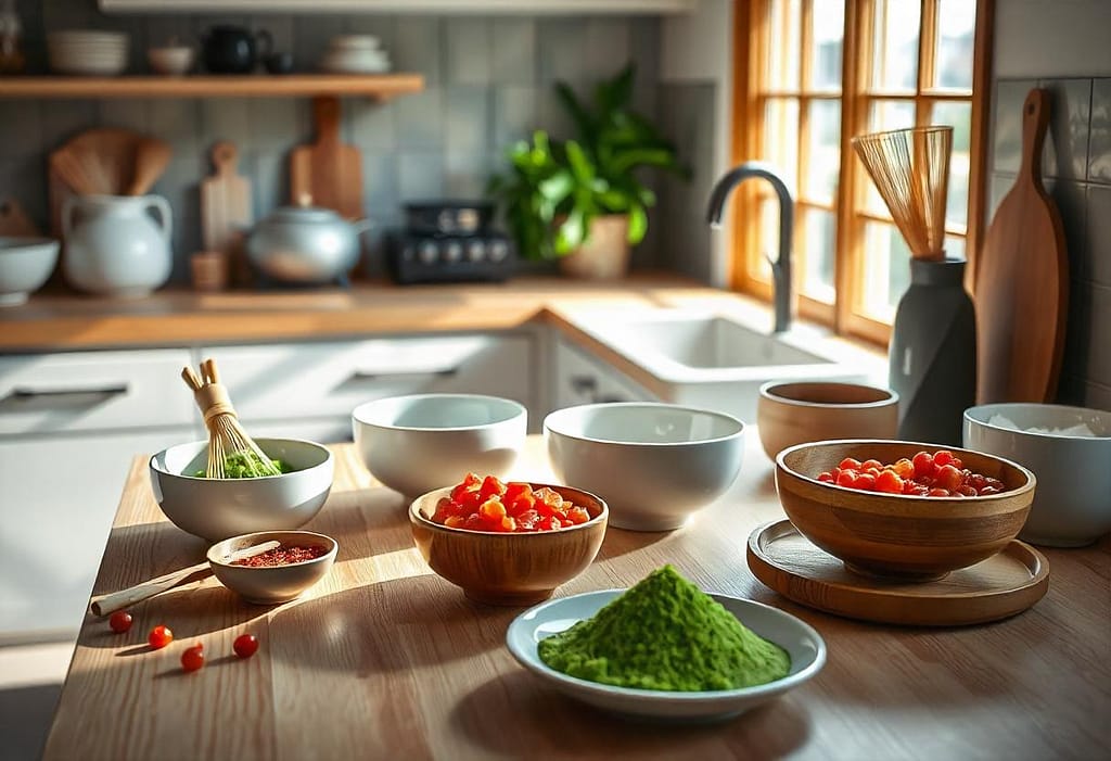 Vue d’ensemble d’une cuisine japonaise moderne avec ustensiles pour desserts.