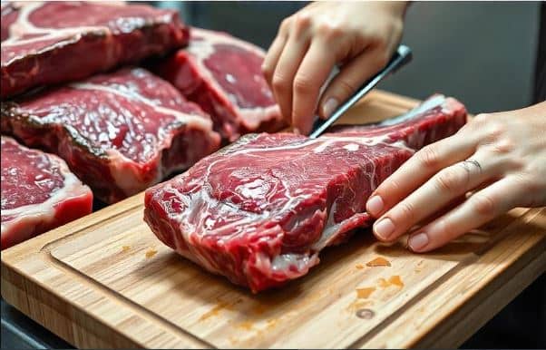 Close-up image of marbled beef short ribs displayed at a Japanese market, showcasing high-quality meat with rich marbling. In the background, other traditional Japanese meat cuts are visible, along with subtle Japanese elements like signage with Japanese characters